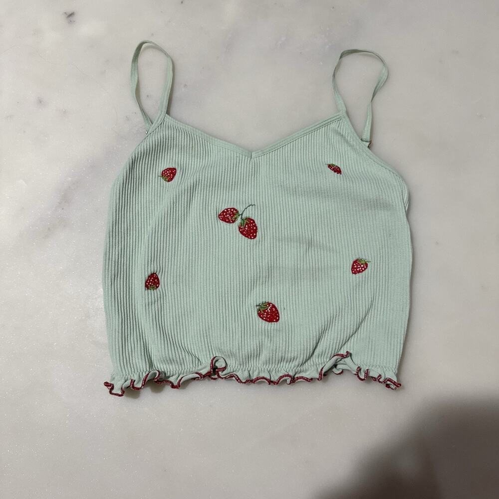 Anthropologie S Embroidered Seamless Tank Top Strawberry Mint Green Summer Ribed